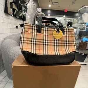 Burberry Beige Plaid Tote with Black Trim and Gold Tag